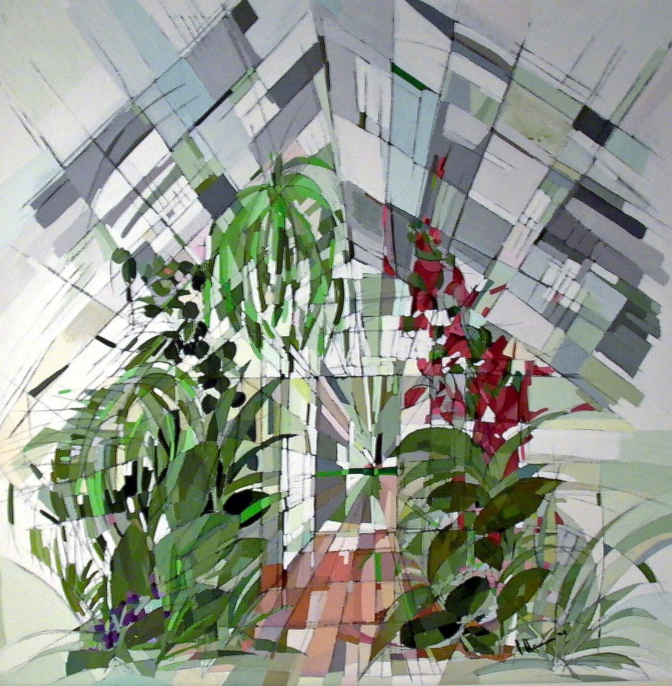 Conservatory With Red Orchids, 1991 — painting by Eveline Henner
