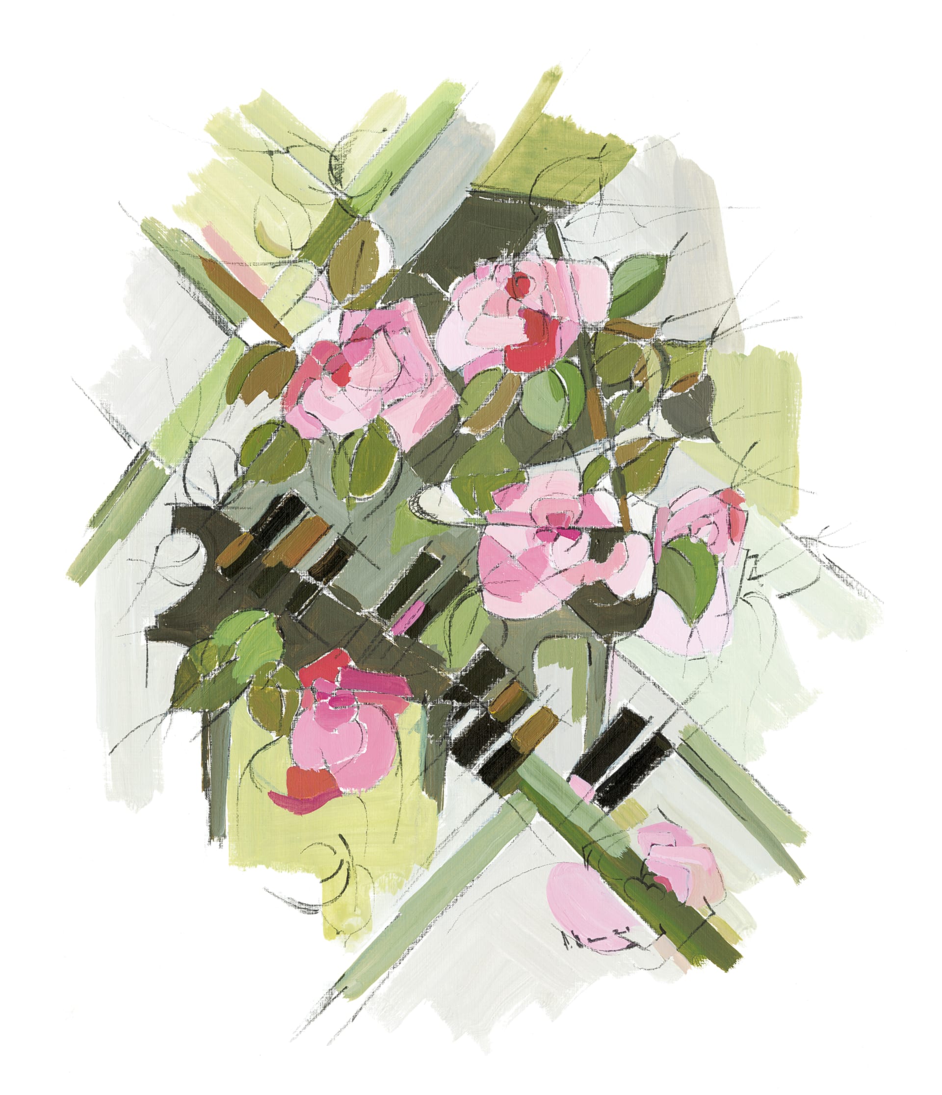 Detail: The Piano, 1995 — Pink flowers and green leaves cross the black and white keys of a piano in a diagonal composition.