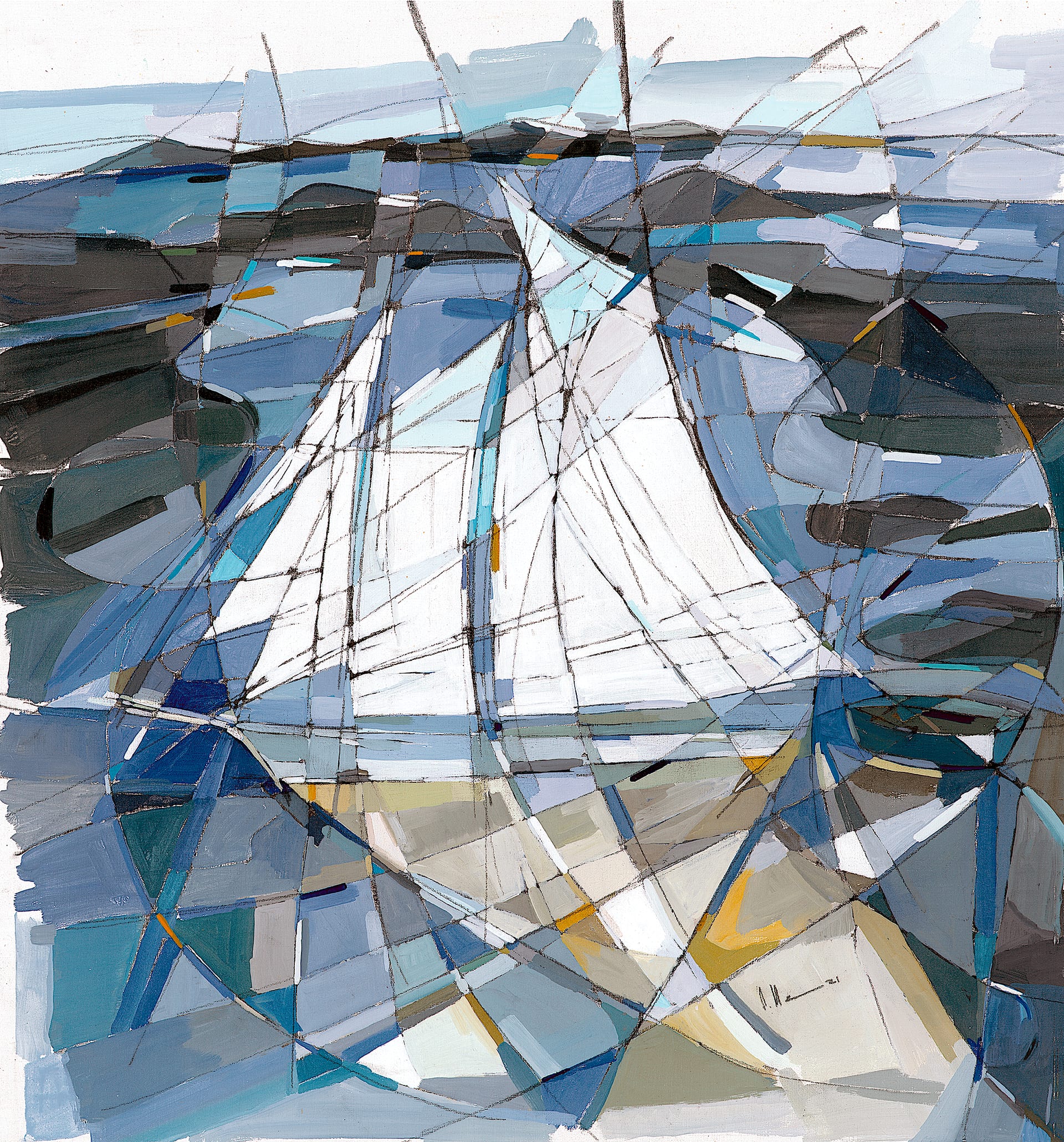 Detail: Penobscot Bay, 1999 — White sails and dark rigging intersect with blue-grey planes of sky and water in Penobscot Bay.