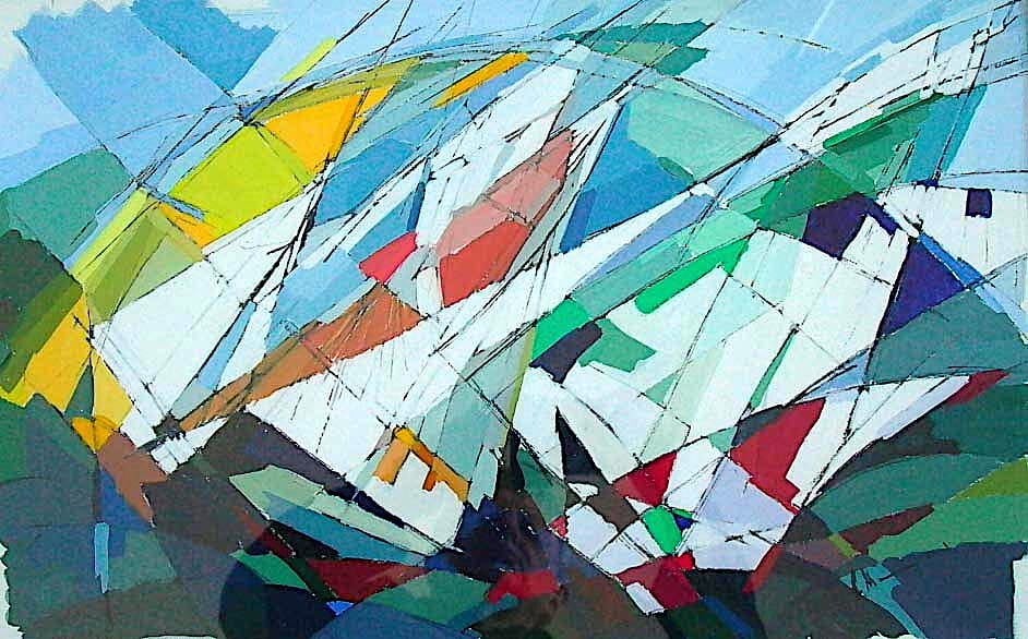 Sails Close To The Wind, 1995 — Overlapping white, blue and green sails are threaded with dark rigging and accents of yellow and red.